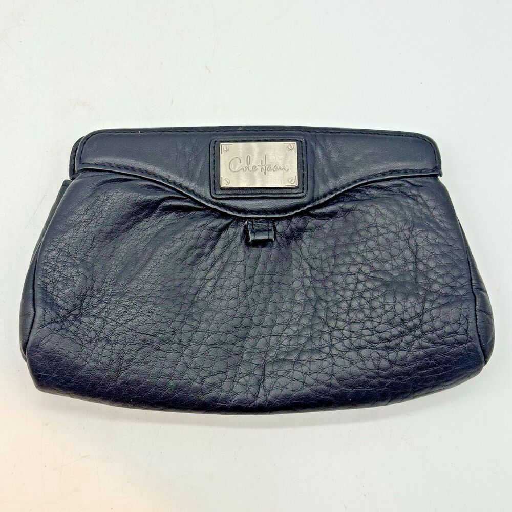 Cole Haan Black Pebbled Leather Cosmetic Bag Zip Top Plastic Lined Makeup Pouch